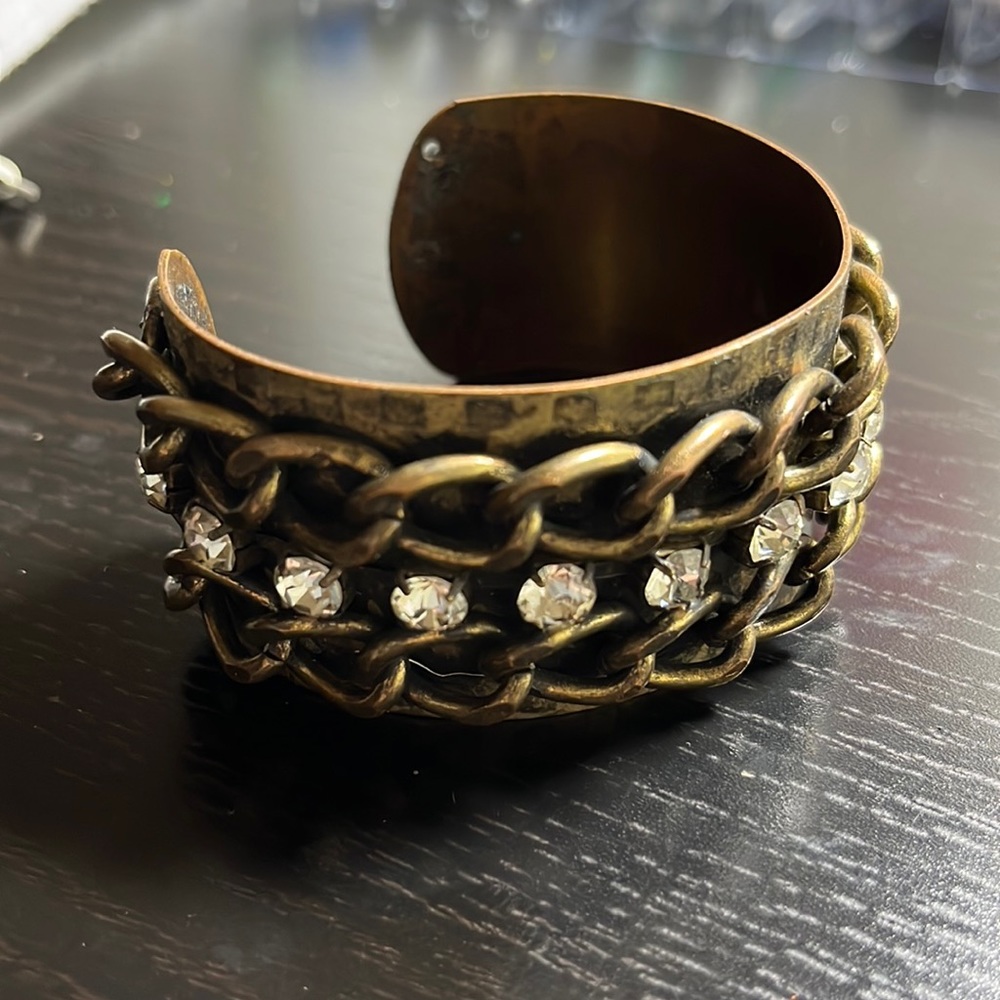 Brass Cuff Bracelet Curb Chain Rhinestone Boho Punk Gothic Biker 7.75"